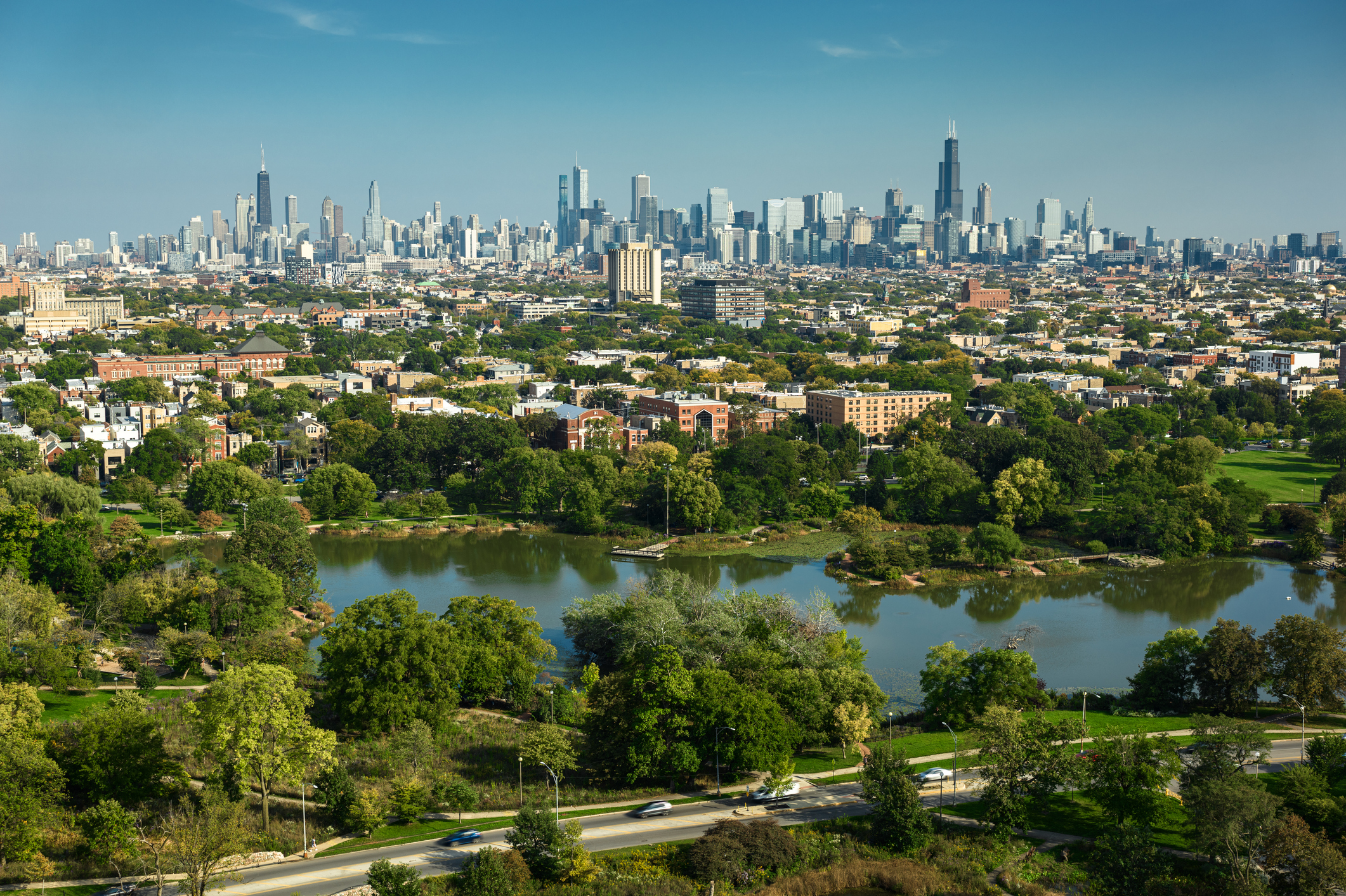 Aerial Shot of Downtown Chicago, Illinois from Humboldt Park